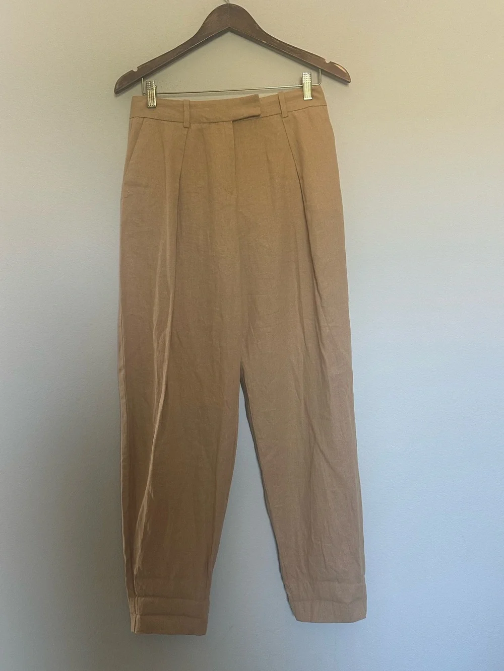 Zara Linen Blend Cuffed Tan Trouser Pants size Small